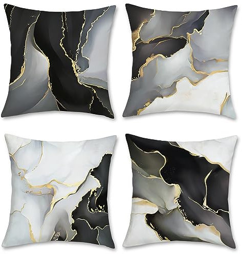 Bonhause Black Gold Grey Marble Cushion Covers 45 x 45 cm Marble Texture Modern Decorative Throw Pillow Covers Soft Velvet Pillowcases for Sofa Bed Home Patio Decor Set of 4