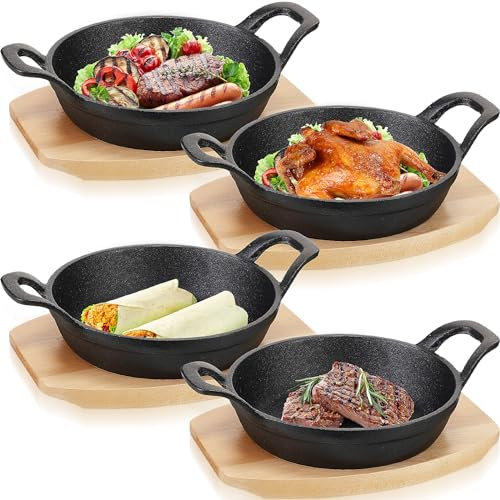 Sliner 4 juegos de mini sartén de hierro fundido, mini platos de hierro fundido, sartén con base de madera, pequeña sartén redonda de hierro fundido Fajita, mini olla de hierro fundido, mini cuenco de