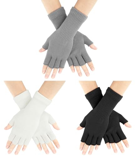 AURUZA 3 Pair Fingerless Gloves for Women Half Finger Gloves Winter Stretchy Knit Fingerless Mittens Unisex (long, Black White Grey)