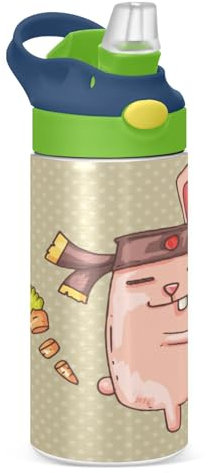 KAAVIYO Funny Cute Rabbit Water Bottle Stainless Steel Insulated Vacuum Flask Leak Proof with Straw Brush Cup 350ML for Boys Girls Kids