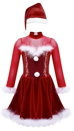 Alvivi Eiskunstlauf Kleid für Kinder Mädchen Ballettkleid Weihnachtskleid Langarm Ballettanzug Ballerina Latein Tanzkleid Weihnachten Partykleid