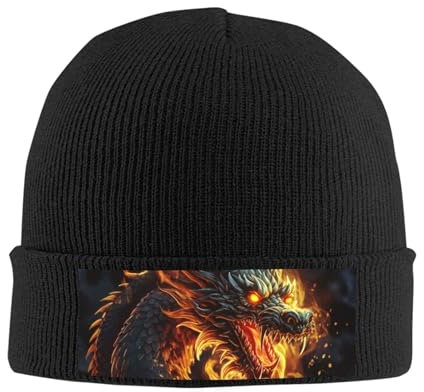 Strickmütze für Damen und Herren, weich, warm, Wintermütze, Totenkopfmütze, Herren, lässiger Beanie, Feuerwehr, chinesischer Drache, Schwarz, Einheitsgr��e