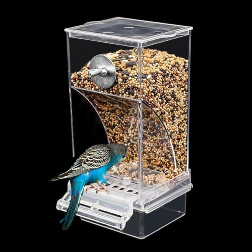 OTKARXUS Automatic Bird Feeder, 1PC Transparent Hanging Seed Food Container with Perch, No Mess Bird Cage Accessories for Small and Medium Parakeets, Cockatiel, Finch, Lovebirds