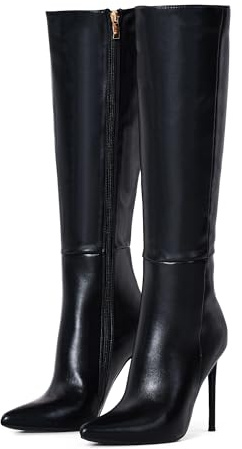 Zhabtuc Kniehohe Stiefeletten für Damen, 10 cm Stilettoabsatz, spitze Zehenpartie, breite Wadenstiefel, bequeme Kampfstiefeletten aus Kunstleder, schwarz matt, 40.5 EU