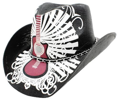 Sombrero Vaquero Cowboy de Paja Estampado Americano Texas, Rodeo Baile Disfraz Gorro Vaquero Halloween Carnaval Fiesta Adulto Hombre Mujer 58-59CM (FR/ES, Letras, Talla única, Negro-Guitarra)