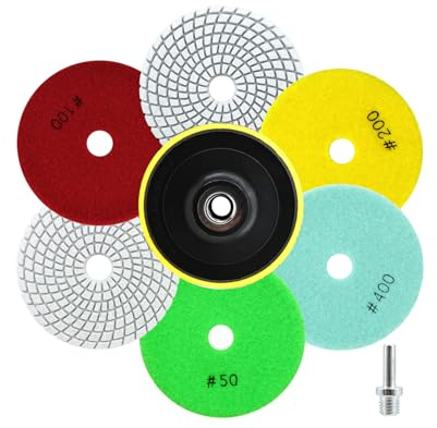 QUEFORET Dischi Diamantati per Lucidatura 8 Pezzi - 6 Pezzi 100mm Tamponi Lucidatura (Grana 50/50/100/100/200/400), Platorello a Strappo, Adattatore per Lucidatura Granito Marmo Quarzo Pietra a Umido