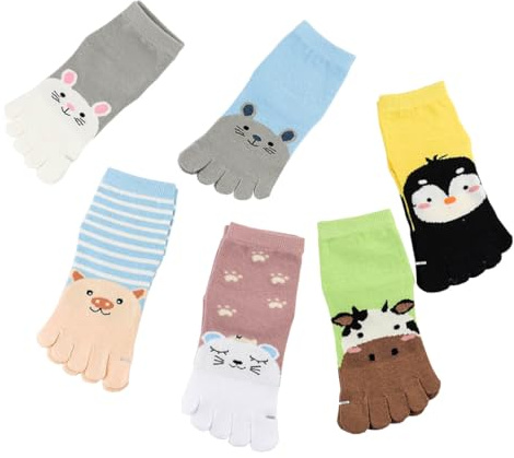 Chenflying 6 paia di calzini per bambini in cotone con cinque dita dei cartoni animati calzini alla caviglia traspiranti per ragazzi ragazze, Multicolore, 3-7 anni