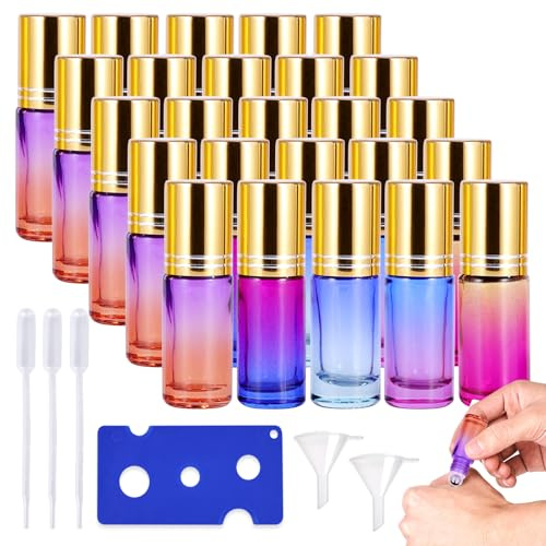 25 botellas de rodillo de aceites esenciales, botella vacía de 5 ml, botellas de cristal enrollables con bolas de acero inoxidable, botellas de cristal para aceites esenciales aromaterapia