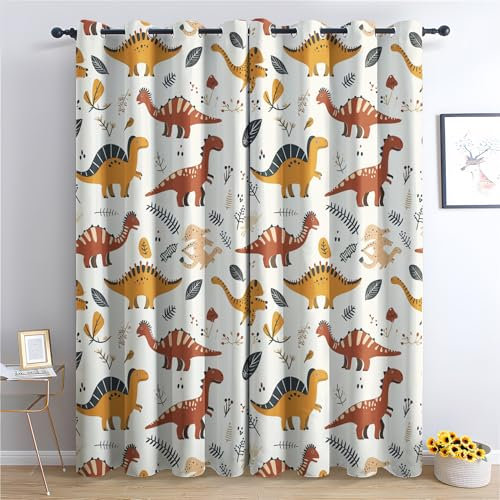 SZLYZM Dinosaurier Kinder Vorhänge, Verdunklungsvorhänge mit Muster Dino, Vorhang Blickdicht mit Ösen, Gardinen für Wohnzimmer Schlafzimmer Deko 2er Set - 220x140 (H X B)