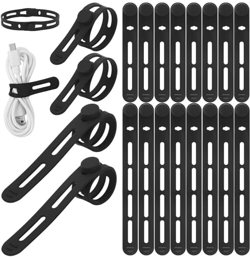 saerryor 20 Pack Cable Tidy, Silicone Cable Management, Black Reusable Cable Ties with Lock Buckle, Elastic Adjustable Cord Organiser, Cable Ties Reusable for Earphone Charger Computer Home Office
