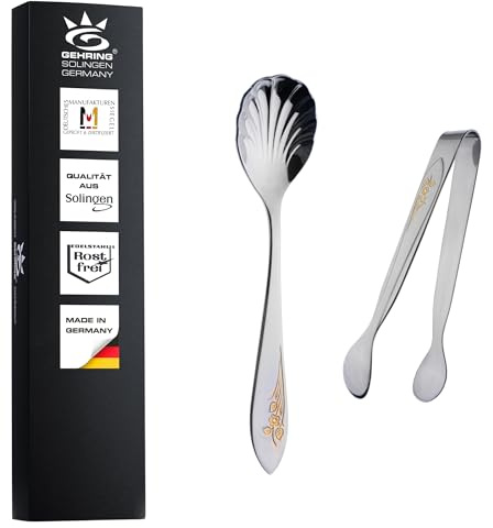 Gehring Solingen Flower Zuckerzange und Zuckerlöffel dekorvergoldet 2er Set I Servierzange für Candybar I Edelstahl Besteck für Kaffeetafeln I Eiswürfelzange I spülmaschinengeeignet I Made in Germany