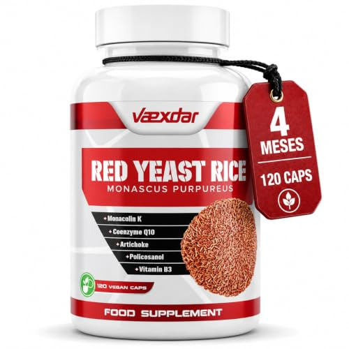Red Yeast Rice - Levadura Roja de Arroz con Q10, Extracto de Alcachofa, Policosanol y Vitamina B3 - Apoyo Cardiovascular - Levadura de Arroz Rojo Monacolina K - 120 Cápsulas Vegetales - Vaexdar