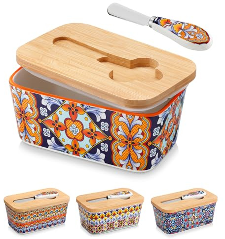 vancasso SIMI Butterdose Keramik, Hochwertige Butterglocke mit Messer und Holzdeckel, Butterdose Porzellan, Böhmischer Butterschale 16.5 x 9.7 x 8cm | Hochwertige Porzellan-Butterglocke im böhmischen Design, kompakte Abmessungen für herkömmliche Butterblöcke