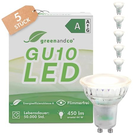 greenandco 5x GU10 | sustituye a 44 vatios | blanco neutro 4000K | 2.5W 450lm | 100° | sin parpadeo | eficiencia energética clase A | bombilla LED 230V | no regulable