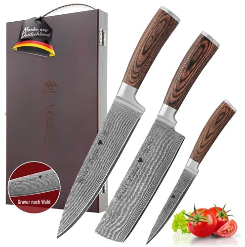 Wakoli EDIB 3er Damastmesser Set mit Gravur – Personalisiertes Messer-Set, Chefmesser, Nakiri & Allzweckmesser (20/17,5/12,5 cm), 67 Lagen Damaststahl (VG10-Kern), Pakkaholzgriff, Holzbox
