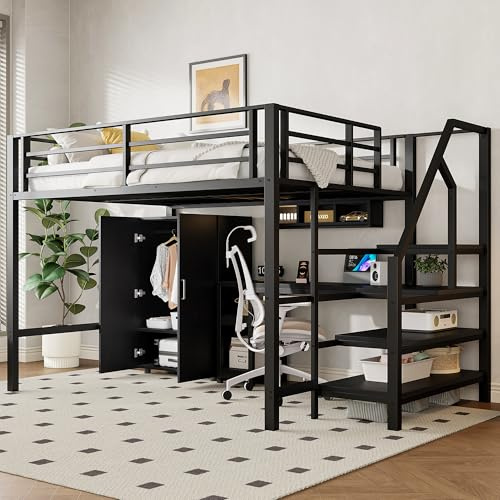 TOBIDOEN Hochbett 140x200 cm Metall Bettgestell mit Kleiderschrank und Schreibtisch darunter, Jugendbett mit Regale & Stauraumtreppe, für Jugendliche & Kinder (Schwarz, ohne Matratze)