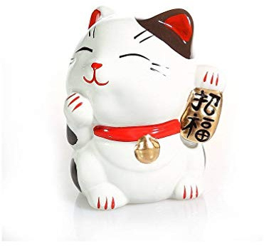 lachineuse - Chat Maneki Neko - Figurine Statuette Chat Japonais Porte Bonheur - Objet Kawaii Déco - Lucky Cat Porcelaine 9,5 cm - Chat Mignon Asiatique - Chance, Bonheur, Fortune - Coloris Blanc