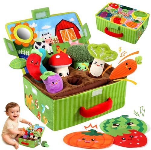 FREYBLI Baby Toys 6-12 Months - Soft Fruits Vegetable Garden Plant Plush Toy - 6 Month Old Baby Toys Boy Girl Gifts - Baby Sensory Montessori Toys with Rattles Mirror Squeaker Textures Crinkle Tissues