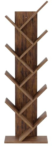 Mondeer Bookcase, Tree Bookshelf 8 Tier Floor Standing Wooden Shelves for CDs Magazine in Living Room Home Office, 40 x 20 x 127cm, Rustic Brown