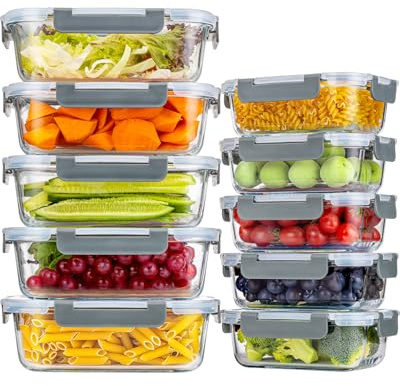 KUMD 20-Piece Set (10-Pack) Borosilicate Glass Meal Prep Containers with Upgraded Detachable Locking Lids - 5 Large (1040ml) & 5 Small (370ml) Lunch Boxes, Microwave/Oven/Freezer Safe