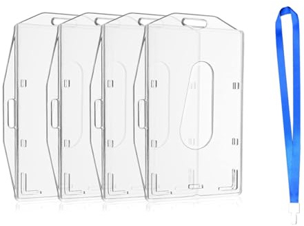 4 Stück Ausweishüllen und 4 Lanyards, Transparente Kartenhalter mit Daumenausschub, Horizontaler und Vertikaler Dual-Use, Ausweishalter Hartplastik Schutzhülle für Arbeitsschilder, Kongresse