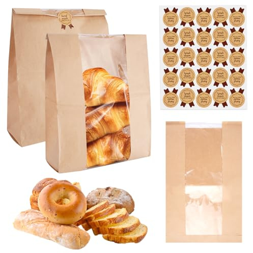 25 stycken brödpåsar papper för hemlagat bröd, 35x21x8cm kraftpapperspåsar | med klistermärken, brun brödpåse med fönster, bagarpåsar för surdeg, brödkakor, presenter