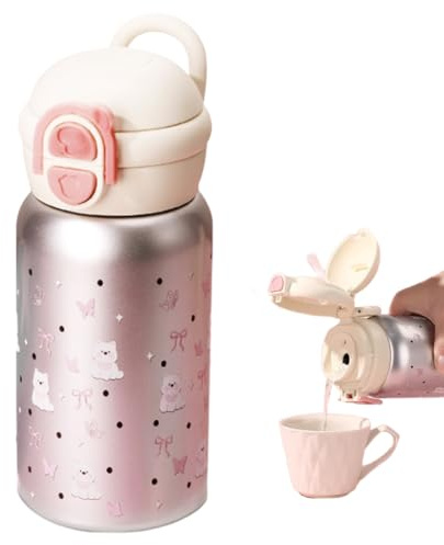 Plata Termo, 500 ML Lazo Rosa Thermos, Taza Térmica infantil, Botella Agua Niños Acero Inoxidable, Taza de Viaje de Café a Prueba de Fugas, Interior de Acero Inoxidable, Para Café, Té y Deporte