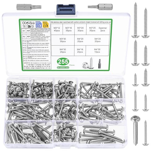 255 PcsTornillos Autorroscantes de acero inoxidable, M3 M4 tornillos Torx de cabeza plana, kit de tornillos para madera aglomerada, reparaciones de carpintería y chapa metálica