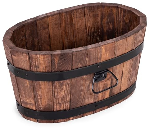 DREWDON Flowerbed Wooden Oval Planter 40xH21 cm – Small Pine Wood Garden Pot in Barrel Shape – 10L, Brown, For Garden, Terrace and Balcony