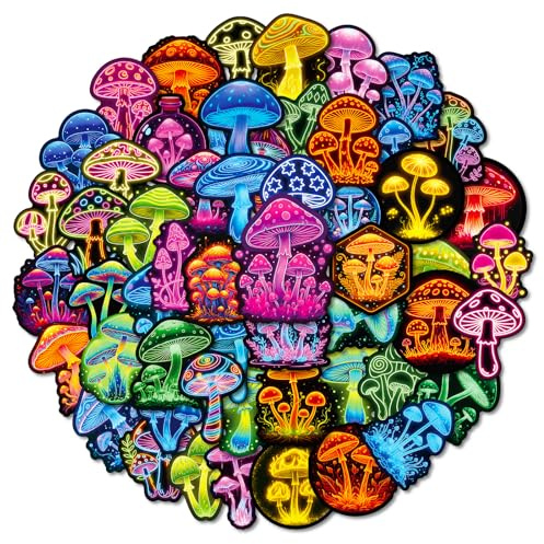 PNGIF Neon Pilz Stickers 50 Stück, Vintage Wasserfeste Trippy Aufkleber für Laptop Skateboard Motorrad Fahrrad Kindle Scrapbook Kühlschrank Journal Koffer MacBook