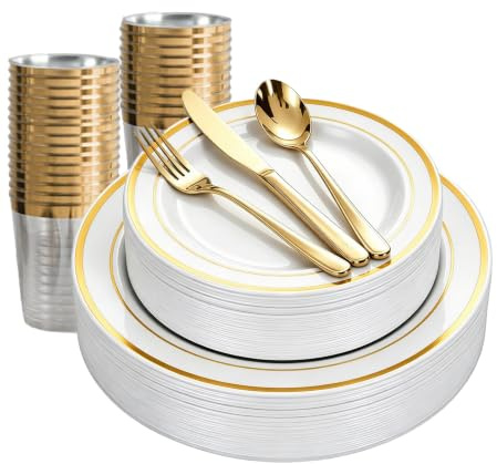 Yazoni Reusable Plastic Dinnerware Set for 25 Guests – Washable & Dishwasher Safe – Includes Plates, Cutlery, Cups, Napkins – Gold
