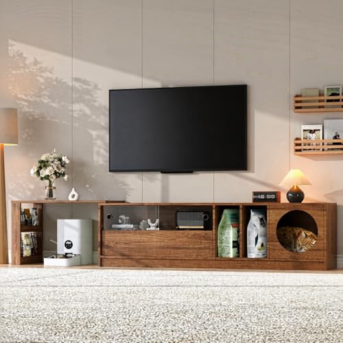 Merax Mueble de TV giratorio moderno y juego de muebles bajos, multifuncional, de nogal, apto para mascotas, con sala de descanso para gatos y puertas de cristal templado, 180 (+80) x 40 x 50 cm
