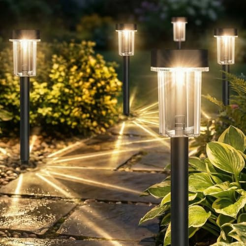 Bigzom LED Solarleuchten Garten Warmweiß, 6 Stück | IP44 Wasserdicht, 5.8×5.8×38cm, Bis zu 12 Stunden Licht, Für Außen Wege, Terrasse, Rasen, Hof