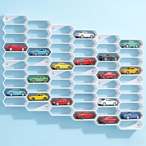 Sliner 6 Pack Wheels Shelf Display 1: 64 Scale Die Cast Cars Display Case 3D Printed Organizer Push Pin Mount Wall Mounted Model Car Storage Rack for Gift Collectibles Figurines Tiny Cabinet(White)
