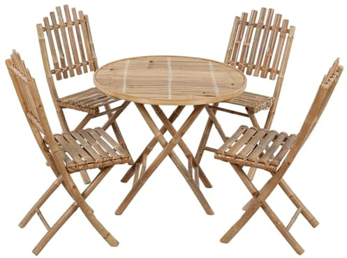 HOMELEN Ensemble de salle à manger de jardin pliable + meubles de jardin en bambou + résistant aux intempéries + 5 pièces avec coussins + bambou + noir + table de 80 x 70 cm + chaise de 50 x 42 x 92