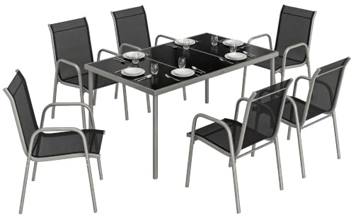 Outsunny Salon de Jardin 6 Personnes Table Chaises Empilables Argent