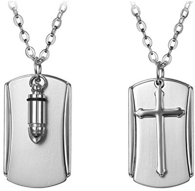 Flongo Herren Kette Anhänger, 2 Stück Halskette Silber Patrone Geschoß Gewehrkugel Kugel Kreuz Kruzifix Erkennungsmarke Dog Tag Armee Stil Fotorahmen Medaillon Poliert Kette Herren Accessoires
