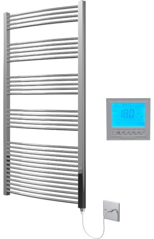 Greened House Chrome Electric Heated Towel Rail 600mm W x 1800mm H + Timer | Curved Design, Includes 7 Day Timer/Thermostat, Bathroom, Towel Warmer