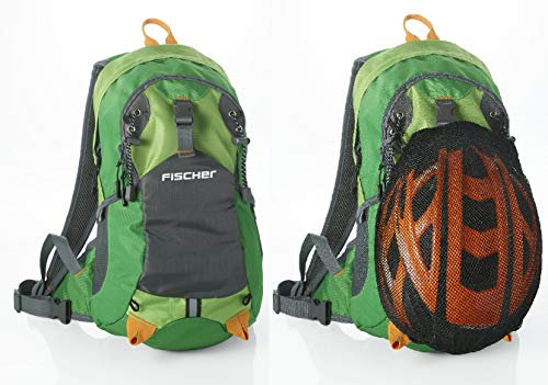 FISCHER 50368 Fahrrad Rucksack mit Helmnetz | Trinkblasenöffnung | Regencover | ergonomisches Tragesystem | Hüftgurt | Brustgurt, Grün