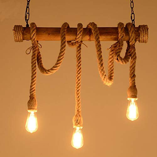 Hanfseil Bamboo Pendelleuchten Retro Vintage Seilleuchte Seil Lichter Kronleuchter Runde Hängend Hängelampe Höhenverstellbar E27 Industrial Hängeleuchten Handgewebt Lampen Beleuchtung,3 heads