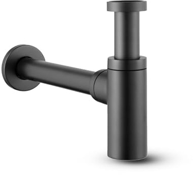 Design Siphon für Waschbecken & Waschtisch – Flaschensiphon Syphon 1 1/4 Universal – Geruchsverschluss mit Reinigungsöffnung – Massives Messing Abflussrohr, Schwarz Matt – Bürstenking