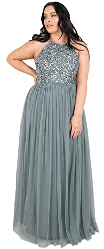 Abendkleid Pailletten Cocktailkleid Damen Tüllkleid Kleid Nackenband Abendkleid Elegant für Hochzeit Brautjungfernkleid
