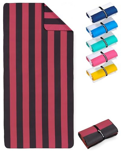 Fit-Flip Strandhandduk XXL – mikrofiberbadhandduk stor, lätta och snabbtorkande – 100% återvunnen mikrofiberhandduk – randig vinröd-mörkgrå 200 cm x 90 cm | Vinröd mörkgrå randig 200 x 90 cm, strandhandduk, 100 % återvunnen badhandduk stor, resehandduk