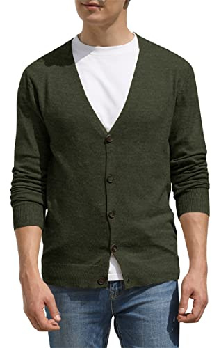 Hisir Stickade koftor för män tröjor lätt klassisk mjuk ull v-ringad cardigan med knappar, långärmad stickad pullover tröjor för män, present till män, 07 Vc armégrön, L
