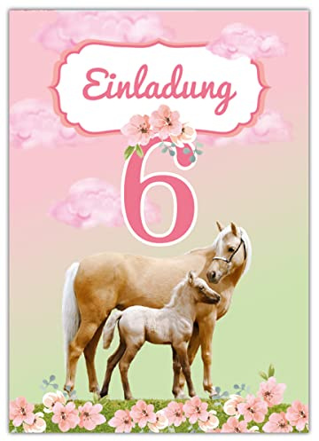 Junapack 12 Einladungskarten zum 6. Kindergeburtstag sechste Geburtstag Mädchen Pferd mit Fohlen