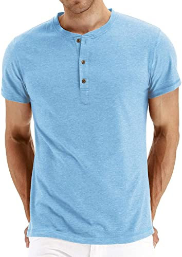 Sailwind Mens Grandad T Shirts Henley Summer Tshirts for Men Cotton Short Sleeve Slim Fit Causal Soft Mens Tops(VG Light Blue,L)