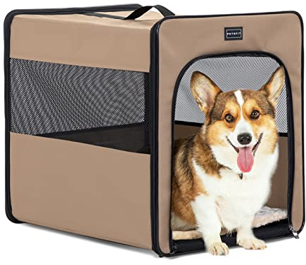 Petsfit Vikbar hundbur, hundtransportbur för bil och hem, kattbur med fleecematta för stora medelstora små hundar (M:61 cm x 46 cm x 53,5 cm, kaki)