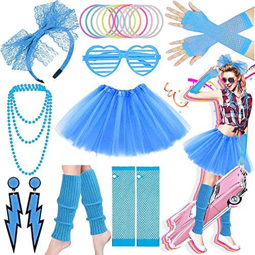 Ronilp 80er-Jahre-Kostüm für Damen, 1980er-Jahre-Kostüm-Zubehör-Set, Tutu-Rock, Beinstulpen, Halskette, Armbänder, Netzhandschuhe, 80er-Jahre, Spitze, Schleife, Stirnband, Ohrringe, Sonnenbrille