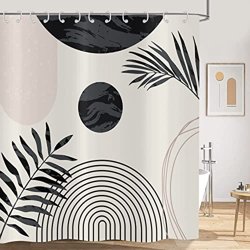 Hnmdmyi Duschvorhang Boho 180x180, Mid Century Schwarz und Weiß Badewanne Vorhang Abstrakt Blatt Bogen Sonne Modern Minimalistisch Geometrisch Kunst Wasserdicht Polyester Stoff Waschbar Badevorhang