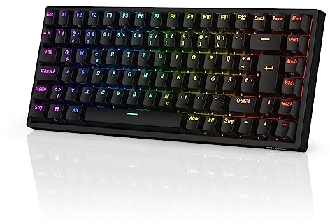RK ROYAL KLUDGE RK84-DE 75% teclado gaming, 85 teclas teclado compacto, teclado mecánico Bluetooth, interruptores marrones, retroiluminación RGB, teclado gaming 2.4Ghz para Mac y Win, QWERTZ